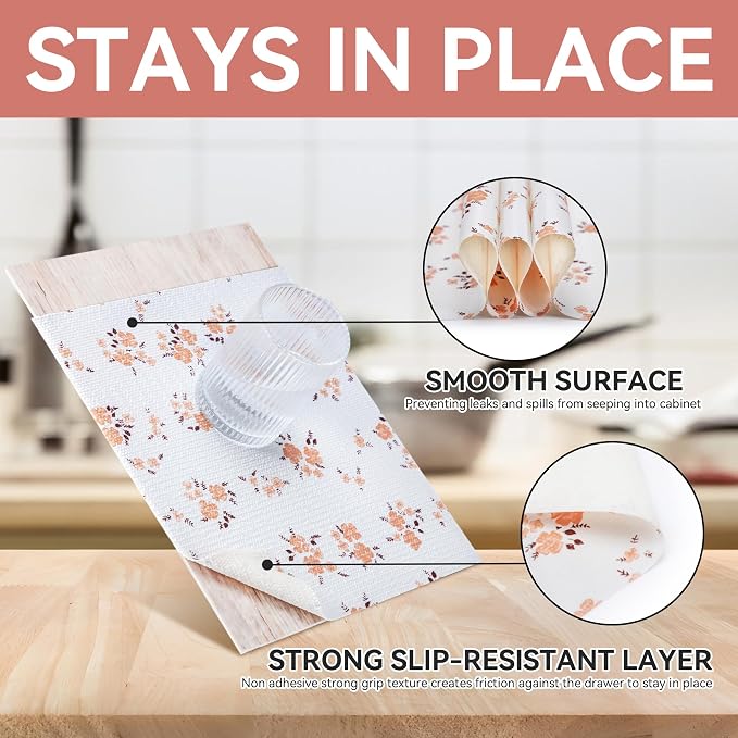 Shelf Liner,Non Adhesive Orange Floral Non Slip 18in x 8FT(3 Rolls) - Image 3