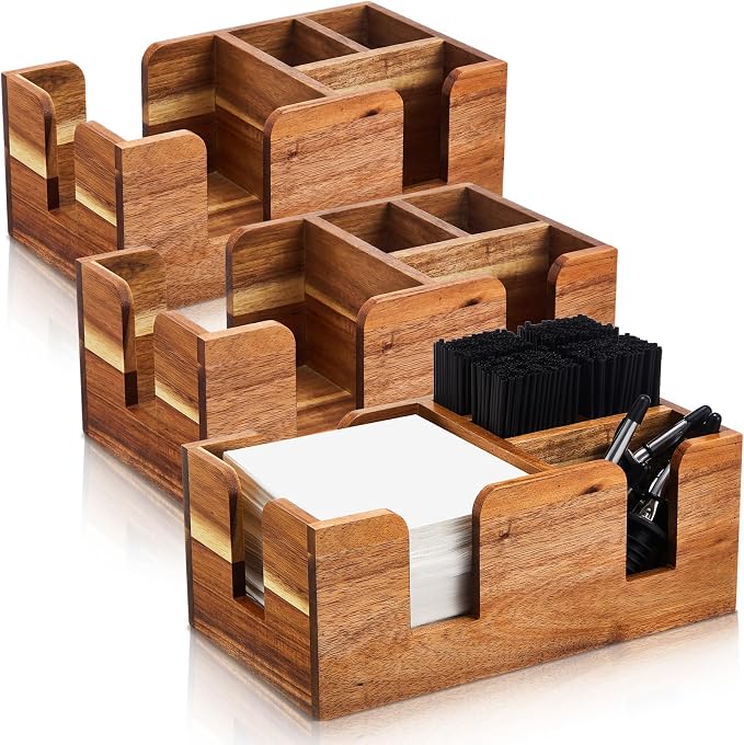Mifoci 3 Pcs Wooden Bar Caddy with 6 Compartments, Acacia Wood Bar Caddy Napkin & Straw Holder Organizer Cocktail Napkin Holder Condiments for Home Office Kitchen Countertop (Brown) by Mifoci