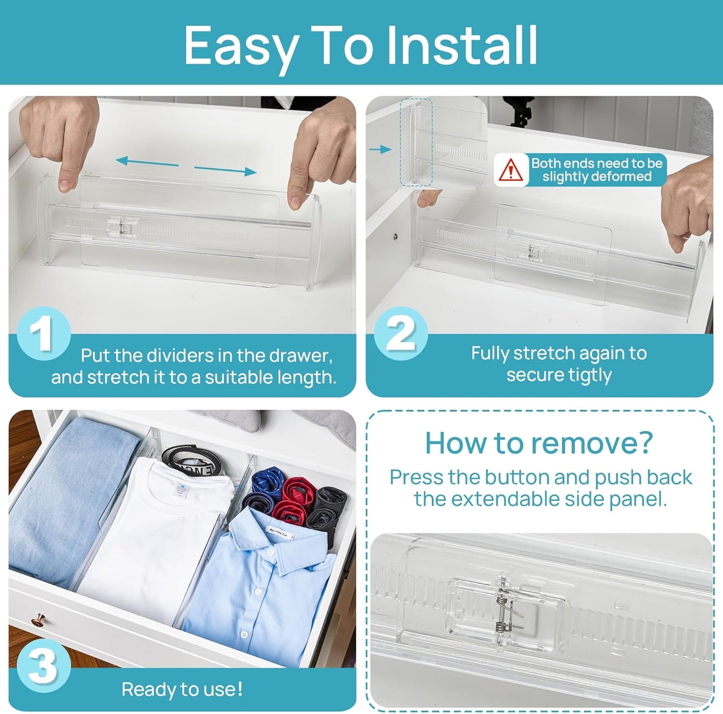 Vtopmart 8 Pack Drawer Dividers for Clothes, 4" High 10.2"-16.6" Adjustable Expandable Dresser Drawer Organizer, Clear Plastic Separators for Dresser, Baby Clothing, Underwear, Cosmetic, Toiletries