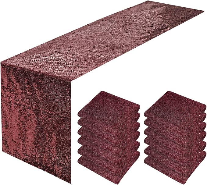 Burgundy Sequin Table Runner 12 Pack, 12x108 Glitter Table Runners by WISPET