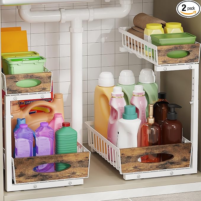 2 Pack Metal Under Sink Organizer with Sliding Drawer, White by Madoalker