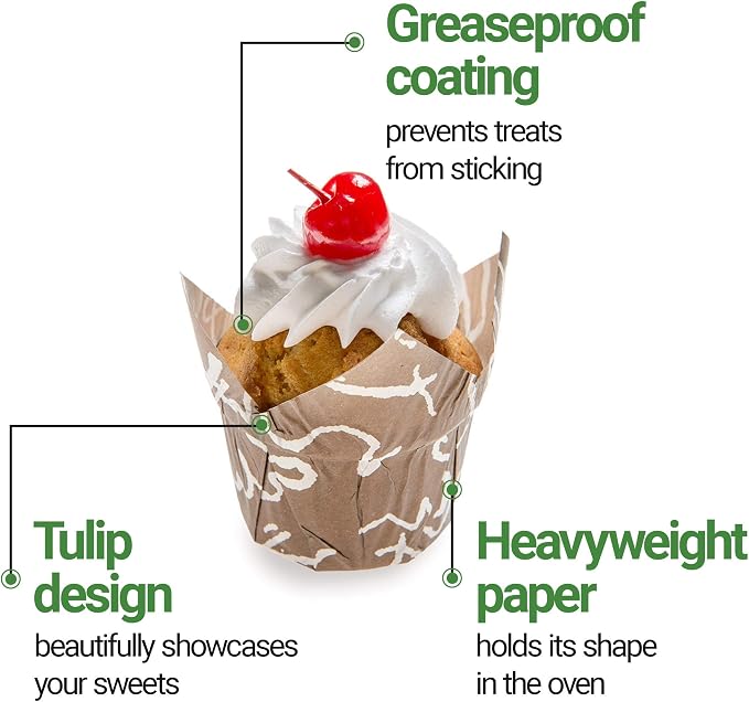Restaurantware-Premium 1.2-oz Baking Cups: Regular-Tulip Paper Baking Cups Perfect for Muffins, Cupcakes or Mini Snacks - Brown Chocolate Wisp Print Design - Disposable - 200-CT - Image 15