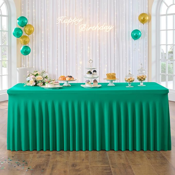 3 Pack Emerald Green Spandex Tablecloth for 8 Foot Rectangle Tables, Wrinkle Free Fitted Table Cloth Cover 8ft Green Stretchy Tablecloths with Skirt for Parties Weddings Birthday Banquet Baby Shower - Image 6