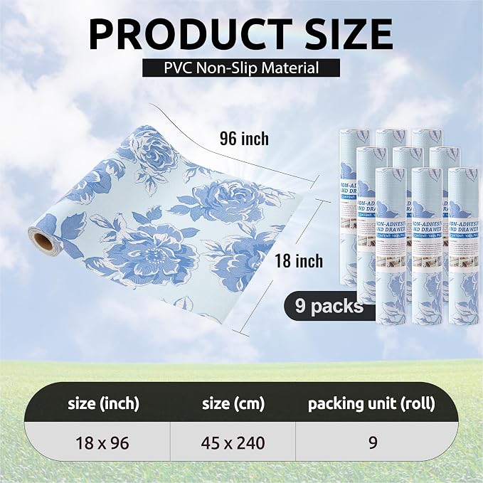 FIFTY FEET 18X96 Inch Shelf Liner for Kitchen Cabinets, PVC Drawer Liner for Dresser Non-Slip Bathroom, Non-Adhesive Cabinet Liner Washable (Blue Flower)(9 Roll) - Image 3