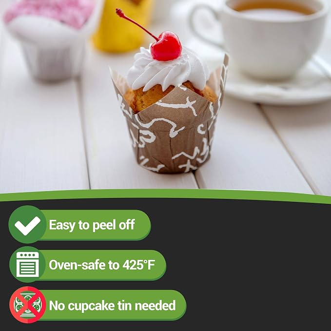 Restaurantware-Premium 1.2-oz Baking Cups: Regular-Tulip Paper Baking Cups Perfect for Muffins, Cupcakes or Mini Snacks - Brown Chocolate Wisp Print Design - Disposable - 200-CT - Image 16
