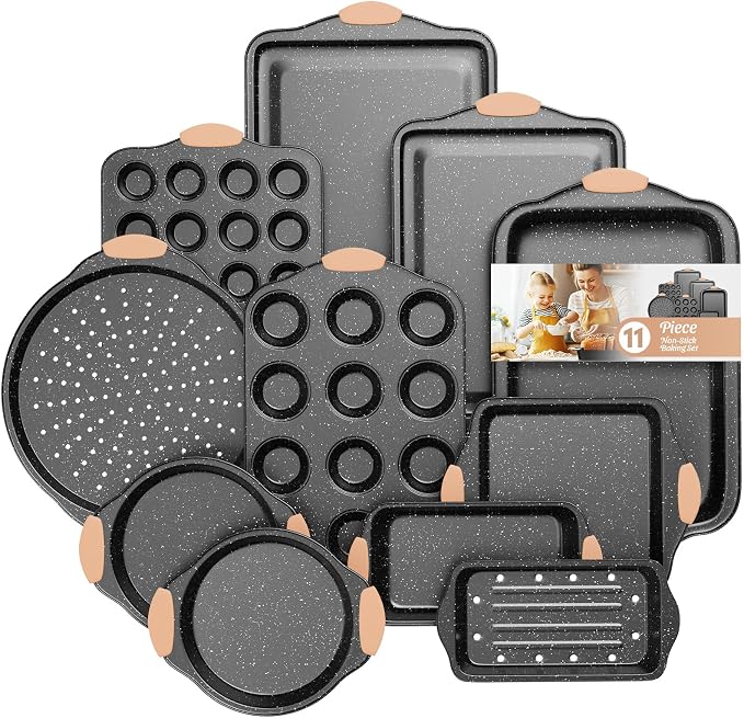 11-Piece Baking Pans Set, Nonstick Bakeware Sets, Oven Pans, Khaki&Black | Stackable Non-Toxic Baking Set with Silicone Handles, Includes Cookie Sheet, Cake Pans, Loaf Pan, Pizza Pan, Muffin Pan by SlowSLog