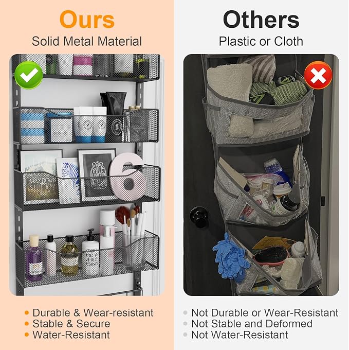 Over the Door Organizer, 2 in 1 Metal Hanging Closet Organizer & Hat Rack with 4 Adjustable Baskets, 8 Hooks, 10 Clips, Behind The Door Storage for Bedroom, Bathroom, Entrance, Closet, Kitchen, Black - Image 6