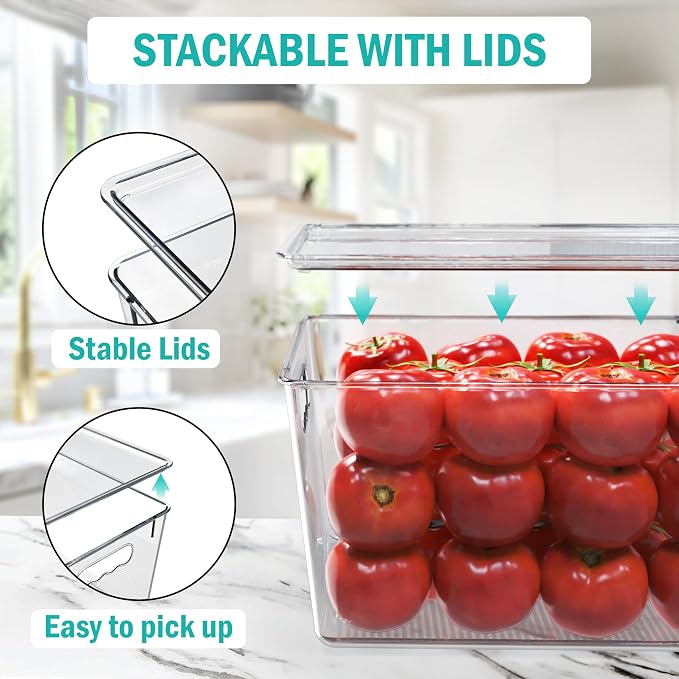 YAN & HIN 8 Pack Clear Storage Bins with Lids, Stackable Plastic Organizer Bins with Handles, Pantry Organizers and Storage for Kitchen Cabinet, Fridge, Bathroom, Closet and Shelf Organization - Image 3