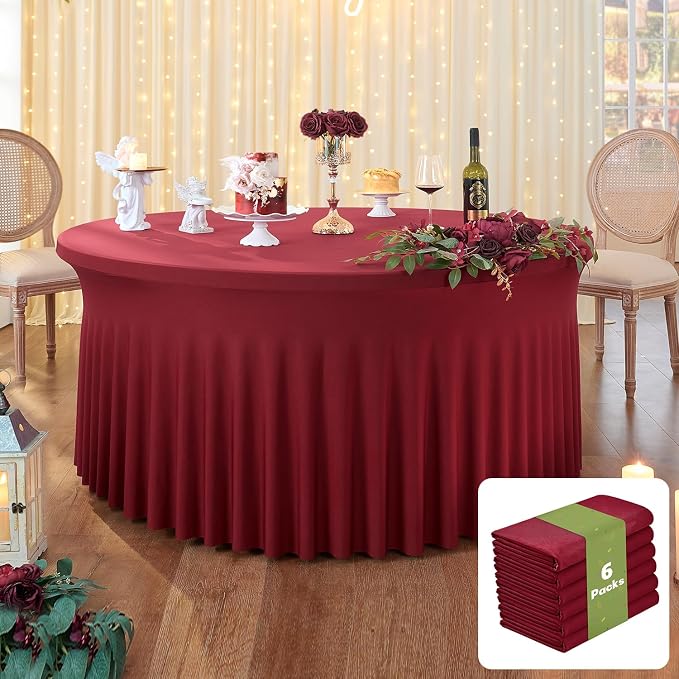leegleri 6 Pack Spandex 72inch Burgundy Round Tablecloths, Stretchy 132inch Fitted 6FT Round Table Cloths, Wrinkle Free Table Cover with Skirt for Wedding Birthday Party Bridal Shower Banquet - Image 8