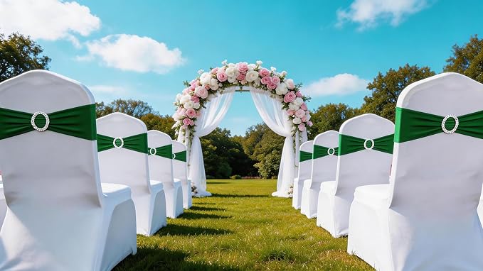 100 Pack Spandex Dark Green Chair Sashes for Wedding - Stretch Chair Bows Bands with Buckle for Party Birthday Banquets Engagement Christmas Events Decorations - Image 5