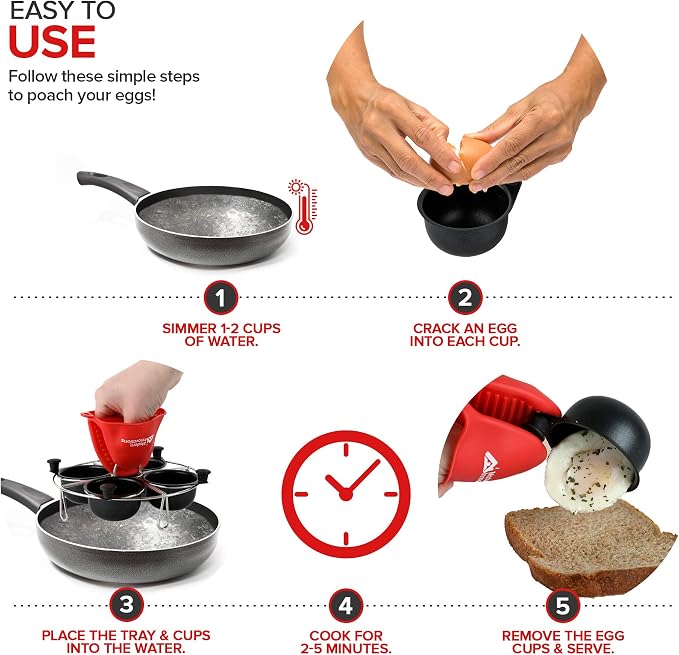 Modern Innovations Stainless Steel 4-Cup Egg Poacher Tray - Complimentary Silicone Mitt - Egg Poacher Insert for Poaching Eggs & Eggs Benedict - Poached Egg Maker Compatible with Most Pans - Image 4