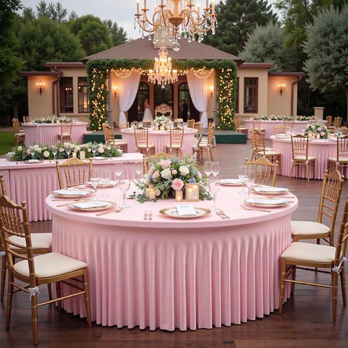8 Pack Baby Pink Spandex Round Tablecloths for 72 inch Table, Wrinkle Free 132inch Stretchy Fitted 6FT Round Table Cloths Cover with Skirt for Wedding Party Dining Banquet Events by Htper