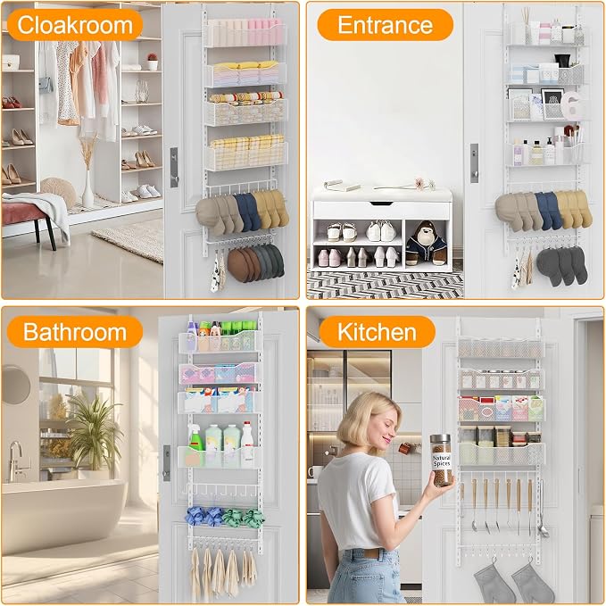 Over the Door Organizer, 2 in 1 Metal Hanging Closet Organizer & Hat Rack with 4 Adjustable Baskets, 8 Hooks, 10 Clips, Behind The Door Storage for Bedroom, Bathroom, Entrance, Closet, Kitchen, White - Image 7