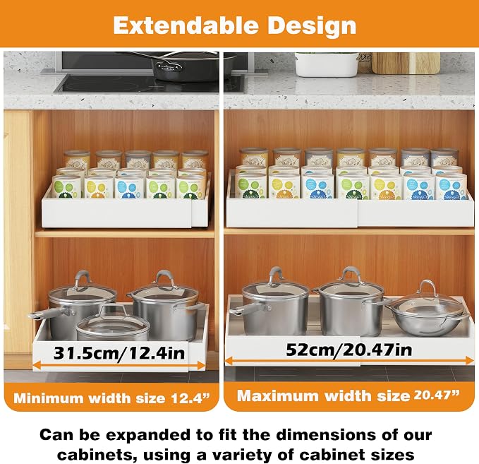 COVAODQ 1 Pack Pull Out Cabinet Organizer Extendable Sliding Slide Out Pantry Shelves Storage No Punch for Kitchen Base Cabinet Organization, Pantry, Bathroom Adjustable Width 12.4" to 20.4" - Image 4
