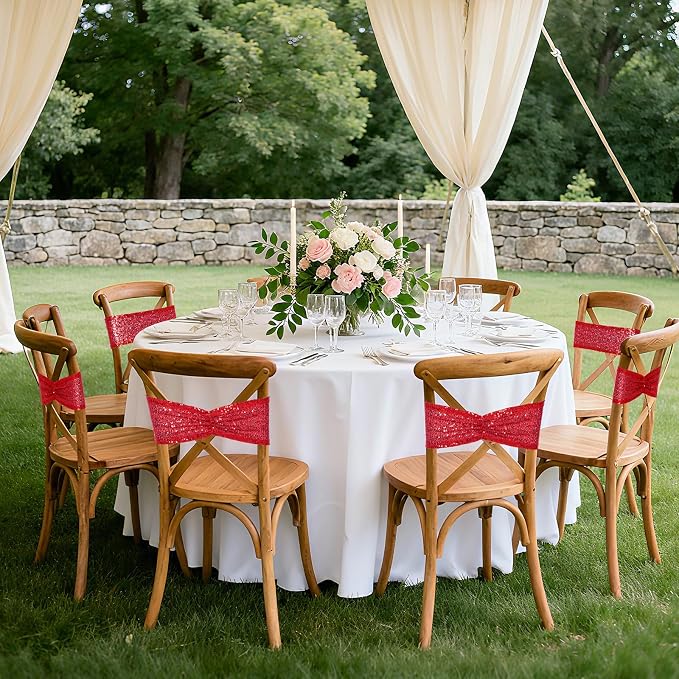 SquarePie Red Sequin Chair Sashes Bows 120 Pcs Glitter Chair Back Cover Ties Bands for Wedding Banquet Party Decor - Image 7