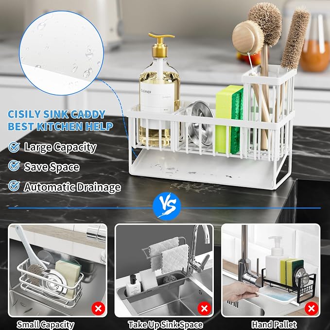 Cisily Sink Caddy Sponge Holder - Stainless Steel Rustproof, High Brush Holder, Dish Sponge Organizer with Divider (White) - Image 2