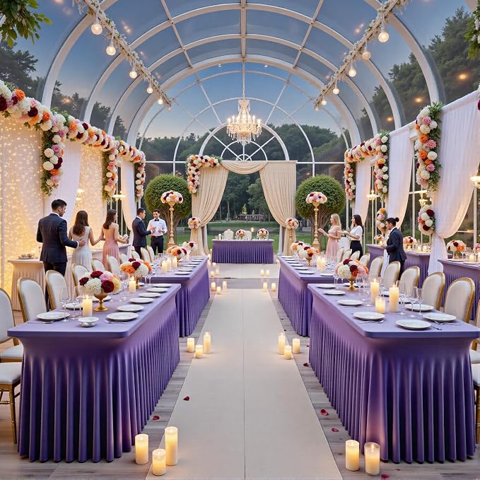NSSONBEN 2 pk Purple Spandex Tablecloth for 8 Foot Rectangle Tables,Wrinkle Free Fitted Spandex Table Covers 8ft Stretch Table Cloths with Ruffle Skirt for Parties Weddings Banquet Baby Shower - Image 5