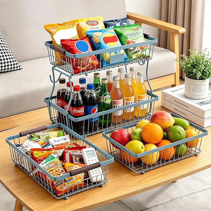 2-Tier Stackable Wire Basket with 2 Banana Hooks, Pantry Organizer for Kitchen Countertops, Cabinets & Under-Sink Spaces; Ideal for Storing Snacks, Fruits, Veggies, Onions, Potatoes, & More,Blue - Image 6