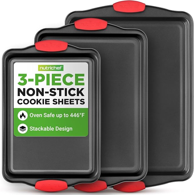NutriChef 3-Piece Cookie Sheets for Baking, Non-Stick Baking Pans Set with Silicone Handles, Stackable Oven Trays in Small, Medium & Large Sizes for Professional and Everyday Use, 2026 Edition by NutriChef%E2%84%A2Kitchen