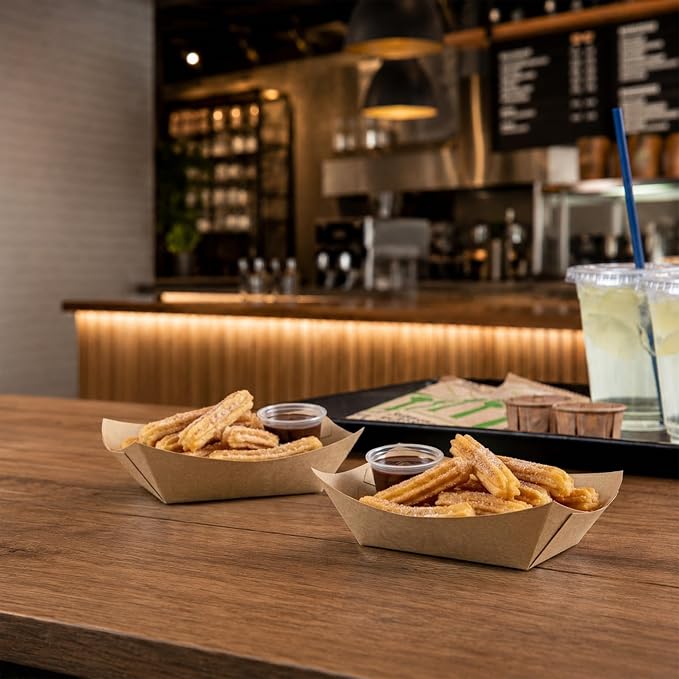 Restaurantware-Bio Tek 6 Ounce Boat Paper Boats, 50 Disposable #40 Food Trays - PE Lining, Durable, Kraft Paper Food Baskets, For Concession Stands, Picnics, or Fairs, Stackable - Image 4