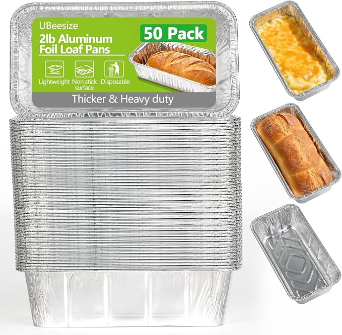 UBeesize 2Lb Thicker & Heavy Duty Disposable Aluminum Loaf Pans, 50 Pack Ultra Sturdy 8.5 x 4.5 Foil Bread Pans for Baking Banana Bread, Cakes, Meatloaf & Food Storage by UBeesize