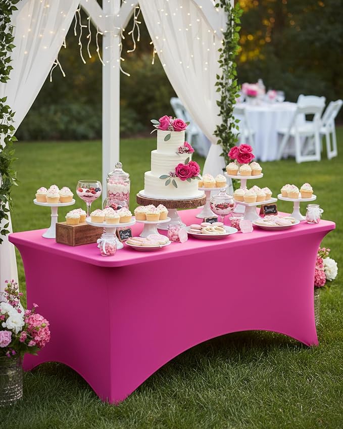 Fixwal 2 Pack 6FT Fuchsia Tablecloth Rectangle Spandex Fitted Table Cover - Image 2