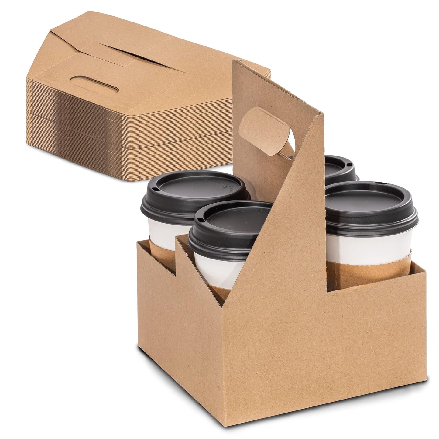 FMP Brands 4 Cup Disposable Drink Carrier with Handle, 200 Pack Kraft Paperboard Handled Cup Carrier, 12-30 oz to Go Coffee Cup Holder, Cold Hot Drinks, Takeout, Cafe and Restaurant