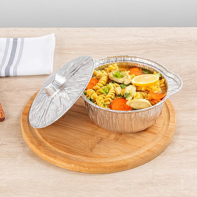 Foil Lux 34 Ounce Pans And Lids, 100 Disposable Pots With Lids - Oven-Ready, Stove Compatible, Aluminum Foil Baking Pans, Freezable, For Outdoor Camping, Vacation, Picnic, And More - Restaurantware - Image 3
