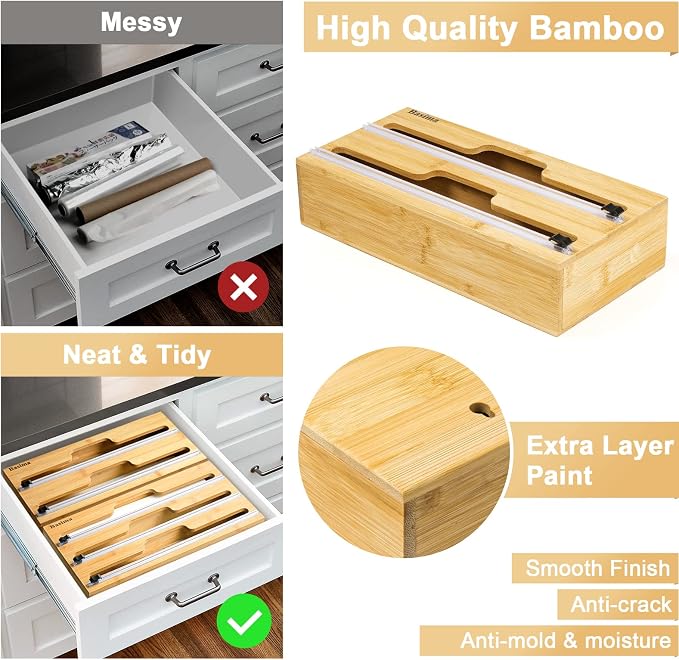 Plastic Saran Wrap Dispenser with Cutter, Basima Foil and Plastic Wrap Organizer, 2 in 1 Bamboo Aluminum Foil, Parchment and Wax Paper Organization and Storage for Kitchen Drawer, Fits 12" Roll - Image 5