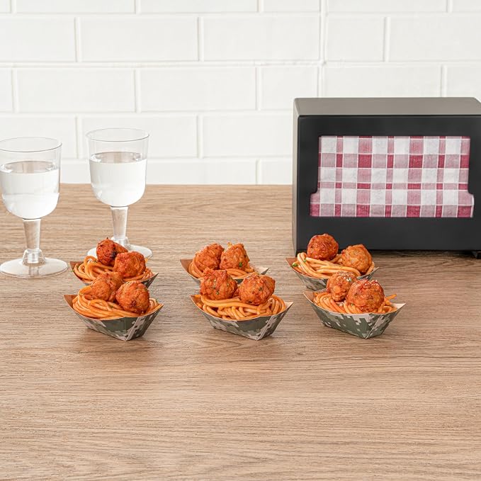 Restaurantware-Bio Tek 2 Ounce Food Trays, 50 Disposable Paper Food Trays - Heavy-Duty, Greaseproof, Camouflage Paper Food Boats, for Snacks, Appetizers, Or Treats, Use At Parties Or Carnivals - Image 4