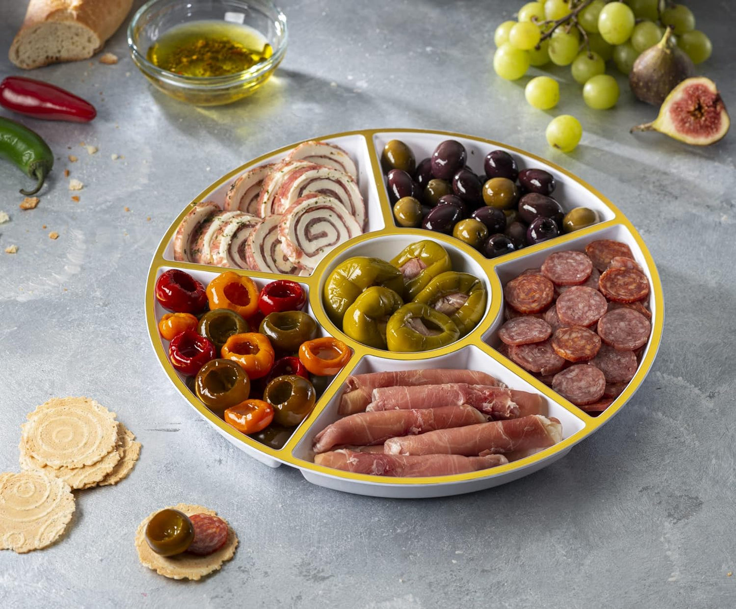 Plasticpro 6 Sectional Round Plastic Serving Tray/Platter (8, White & Gold)