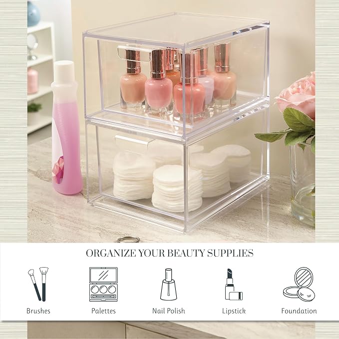 STORi Audrey Stackable Clear Bin Plastic Organizer Drawers | 2 Piece Set | Organize Cosmetics and Beauty Supplies on a Vanity | Made in USA - Image 4