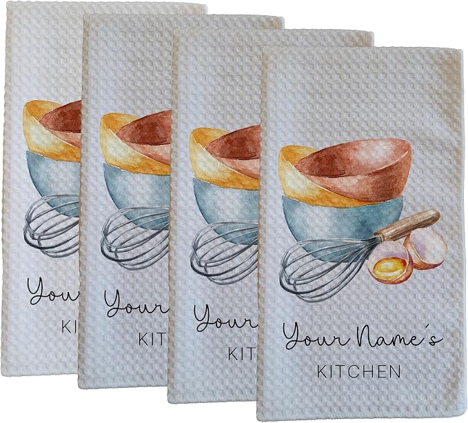 Personalized Kitchen Towel | Custom Tea Towel | Watercolor Utensil Dish Towel | Kitchen Decor | Hand Towel Gift Set | Waffle Weave Dishcloth (Pack of 4 Towels, Design 1) by Handmade