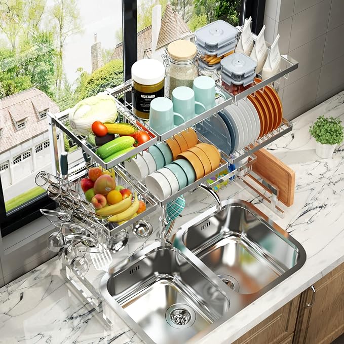 PUSDON Over Sink Dish Drying Rack Stainless Steel, Adjustable Large Dish Drainer for Storage Kitchen Organization Silver 3 Tier - Standard(34"-46") - Image 7