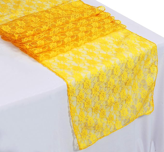 VDS Pack of 12 Floral Lace Table Runners Centerpiece Cloth Linen for Wedding Bithday Graduation Engagement Ceremony Events Party Banquets Table Decoration (12x108 inch) (Yellow Gold) - Image 2