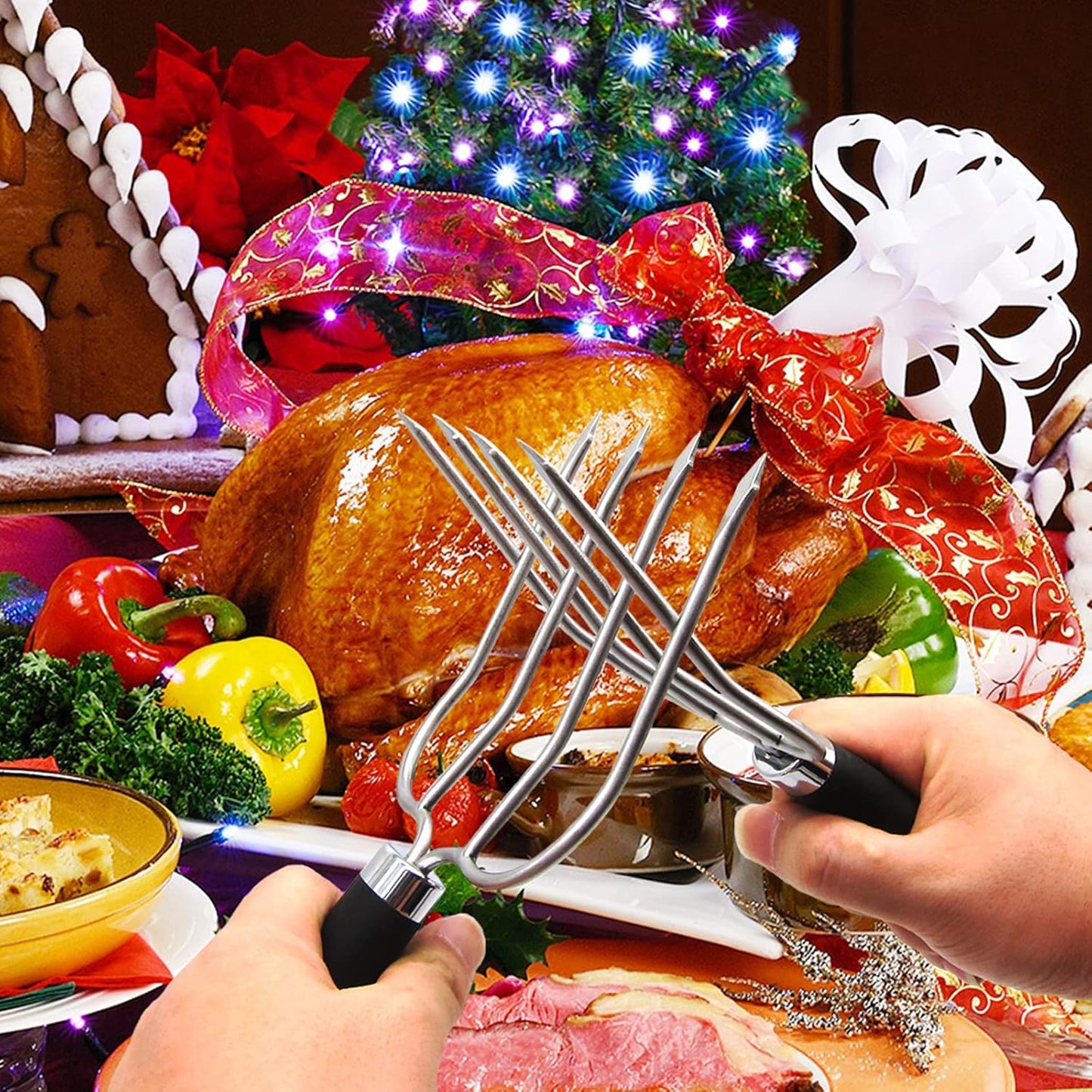 KAYCROWN Turkey Baster and Turkey Roast Lifters with Non-Slip Handle, Silicone Turkey Baster with 2 Marinade Needles & Stainless Steel Turkey Poultry Forks Set, Poultry Lifters