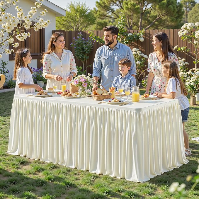 PARTISKY 6 Pack Ivory Tablecloths for Rectangle Tables 8ft, Wrinkle Resistant Spandex Table Cover Fitted Stretch Table Cloth with Pleated Ruffle Skirts for Party Banquet Dining Birthday Wedding - Image 7