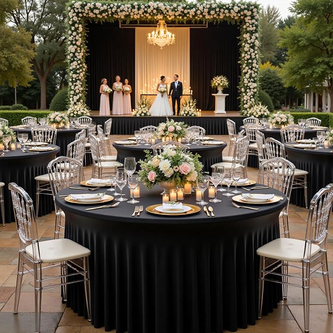 12 Pack Black Round Spandex Tablecloth for 60 inch Table, Wrinkle Free Stretchy 120inch Fitted 5FT Round Table Cloths Cover with Skirt for Wedding Birthday Party Dining Banquet Events - Image 4
