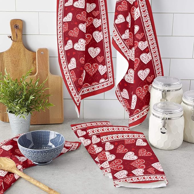 Smile Sunflower Kitchen Towels,Microfiber Cleaning Cloths, Valentine's Day Red Love Heart Soft Dish Towels for Kitchen, Pack of 4 Absorbent Reusable Dish Towels,Tea Towels,Bar Towels,18x28 Inch - Image 3