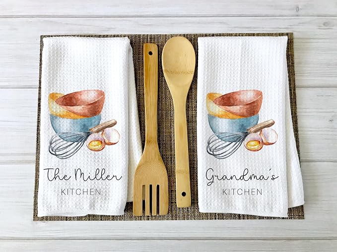 Personalized Kitchen Towel | Custom Tea Towel | Watercolor Utensil Dish Towel | Kitchen Decor | Hand Towel Gift Set | Waffle Weave Dishcloth (Pack of 4 Towels, Design 1) - Image 2