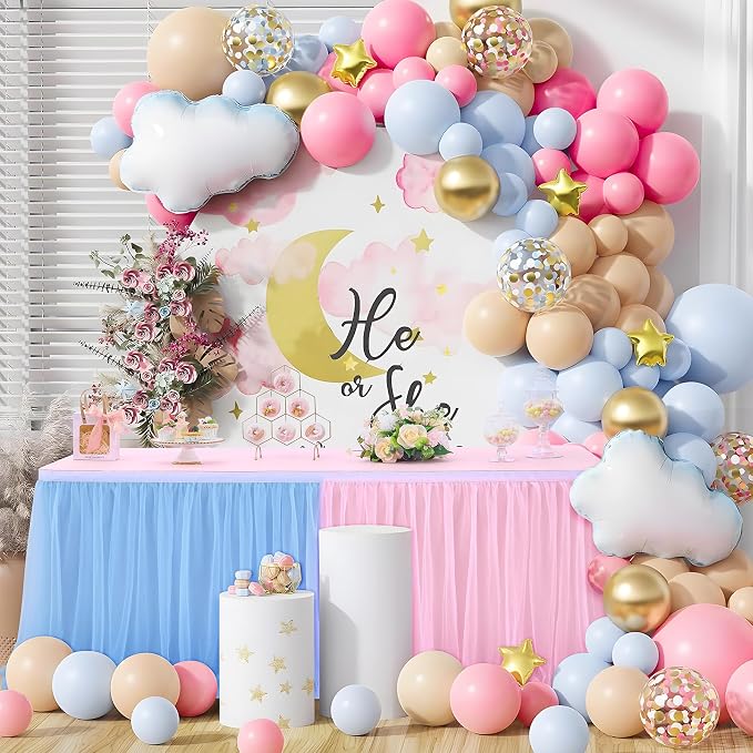 108in Blue Pink Tulle Table Skirts for Rectangle Tables 6/8/4ft, 2-Layer Gold Grim Ruffle Gender Reveal Tulle Tutu Cloth Table Skirt 9ft for Birthday Party Baby Shower Cake Dessert(No Table Cover) - Image 5