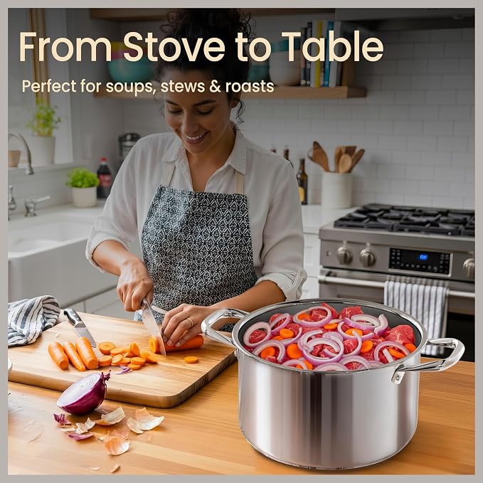 Stainless Steel Stockpot with Tempered Glass Lid 8 Quart, Durable 18/0 Stainless Steel, Impact-Bonded Base for Even Heating, Riveted Handles, Oven & All Stove Compatible, Safe Up To 500°F (260°C) - Image 5