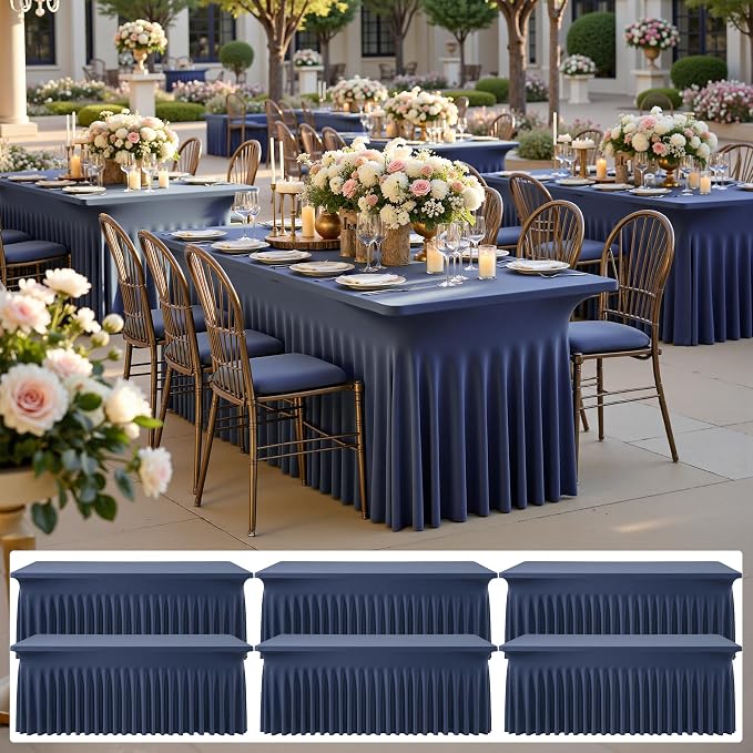 6 pk Navy Blue Spandex Tablecloth 6ft with Ruffled Skirt, Wrinkle Free High Stretch Fitted Tablecloths for 6 Foot Rectangle Tables, Elastic Navy Spandex Table Covers 6 ft for Graduation Wedding Party by ENJOYYOURPARTY