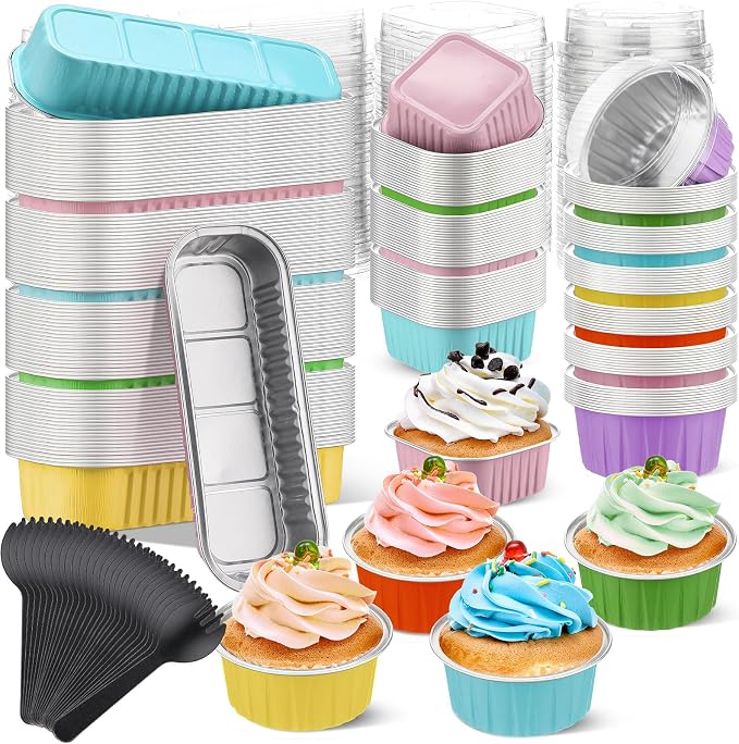 Blushtier 120 Set/240 Pcs Mini Loaf Pans with Lids and Spoons Disposable Mini Cake Pans, 6.8, 5, 4.2 oz Square Rectangle Round Aluminum Foil Cupcake Baking Cups Dessert Liners Tins for Desserts by Blushtier