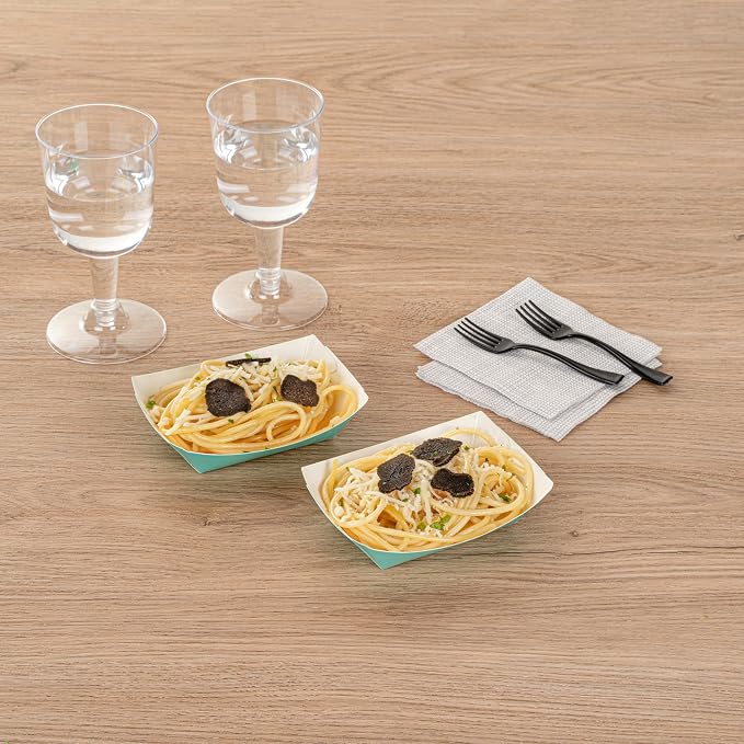 Restaurantware-Bio Tek 4 Ounce Paper Boats, 50 Disposable #25 Food Trays - PE Lining, Durable, Turquoise Paper Food Baskets, For Concession Stands, Picnics, or Fairs, Stackable - Image 7