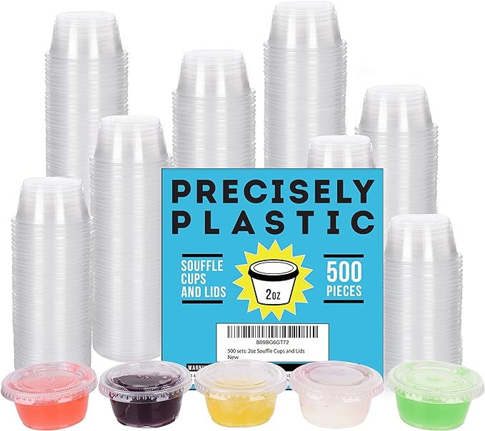 [500 sets - 2oz] Disposable Plastic Souffle/Portion Cups with Lids Bulk Perfect for Shot Glasses, Condiments, Toppings, Dressings, Sampling by PreciselyPlastic