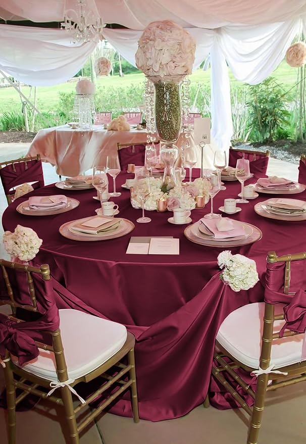 12 Pack 120 Inch Round Satin Tablecloth, Burgundy - Image 6