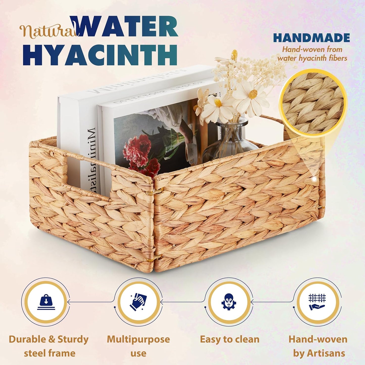 BLUEWEST Water Hyacinth Storage Baskets (Set of 6) – Woven Hyacinth Organizer with Carrying Handles, Laundry Basket for Organizing, Rattan Bin for Shelves