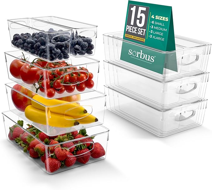 Sorbus Variety 15-Pack Clear Plastic Organizing Bins – Clear Bins for Organizing, Refrigerator Organizers, Fridge Organizer, Pantry Storage, Kitchen Organizer, and Pantry Organizers and Storage Bins by Sorbus