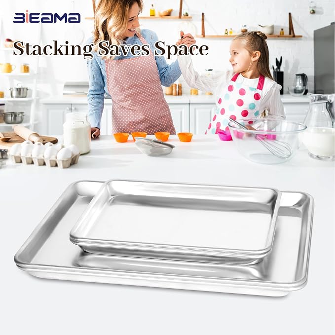 BIEAMA Aluminum Baking Sheet Pan Set of 4, 18" x 13"+ 13" × 10" | Includes 2 Half Sheet Pans & 2 Quarter Size Commercial Heavy Duty Cookie Sheets for Oven - Image 8